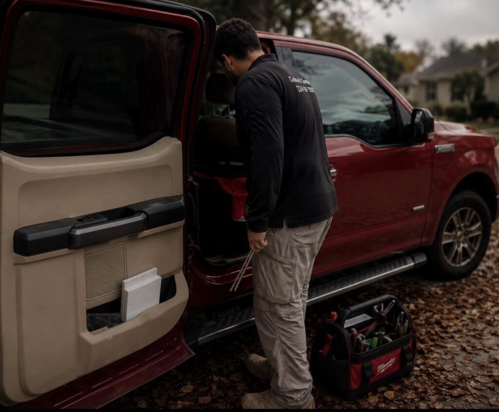 Garage door technician explaining residential garage door system to homeowner in North Shore Illinois