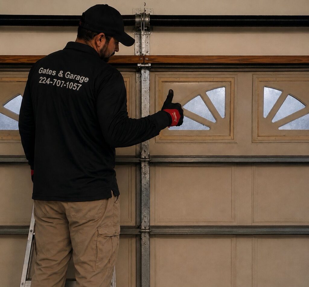 Technician completing garage door spring repair, opener adjustment, and off-track garage door repair in Chicagoland