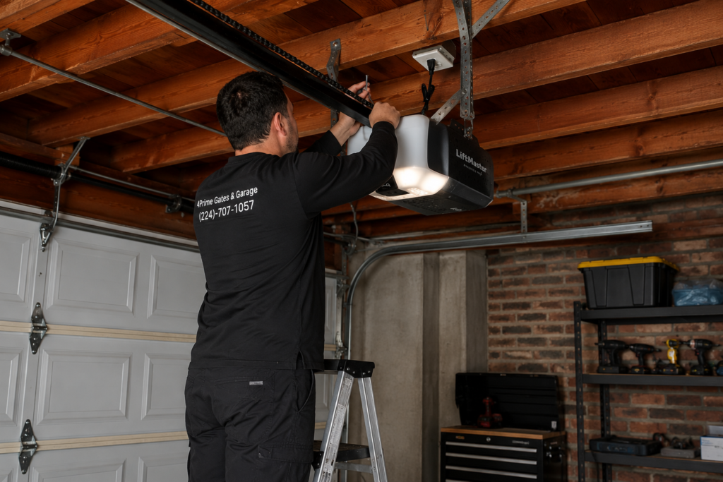 Technician repairing a LiftMaster garage door opener during a garage door opener repair service in Evanston, Illinois.