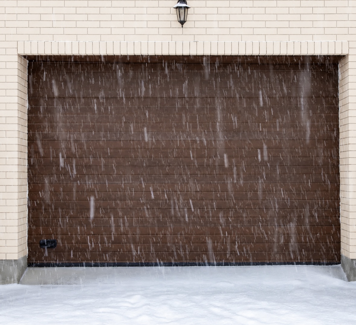 Garage door covered by falling snow during a winter storm in Illinois