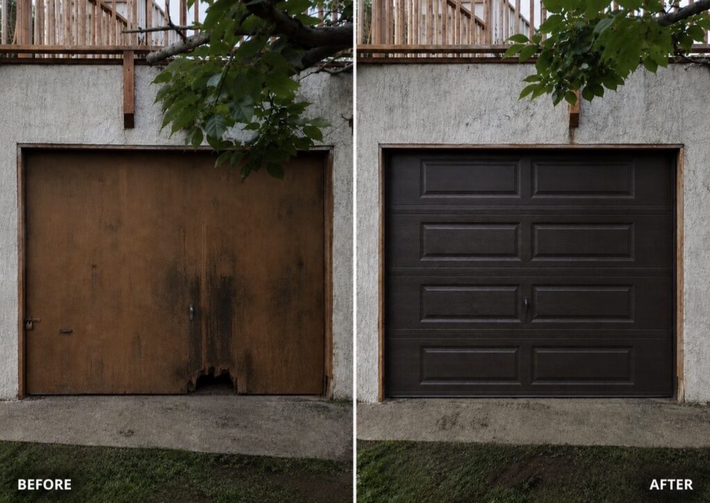 Before and after garage door replacement — damaged wood door versus new panel door