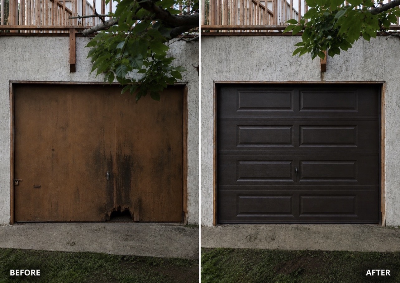 Before and after garage door replacement — damaged wood door versus new panel door