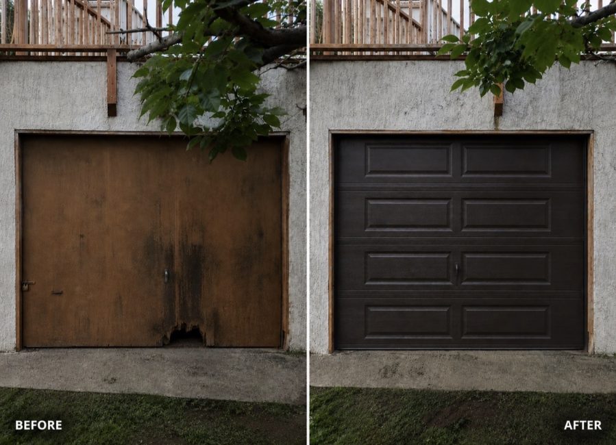 Before and after garage door replacement in Evanston, IL - damaged wood door upgraded to a new dark brown insulated garage door