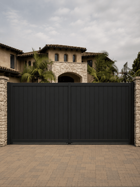Modern black garage door installation with vertical glass panels in North Shore Illinois