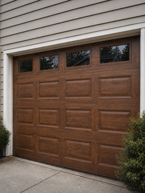 Modern wood-style garage door installation service in North Shore Illinois
